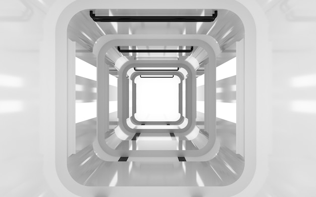 Foto renderizações do cinema 4d de um fundo de túnel quadrado com luz branca para uma maquete de exibição