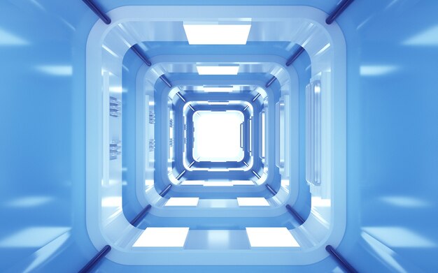 Foto renderizações do cinema 4d de um fundo de túnel quadrado com luz neon azul para uma maquete de exibição