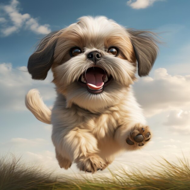 Renderizações realistas e hiper-detalhadas de um cãozinho bonito correndo ao sol