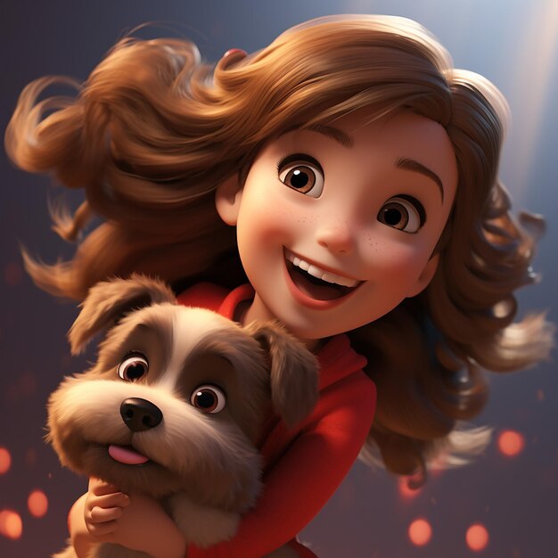 Foto renderizada em 3d, uma rapariga super bonita e feliz com o seu cachorrinho.