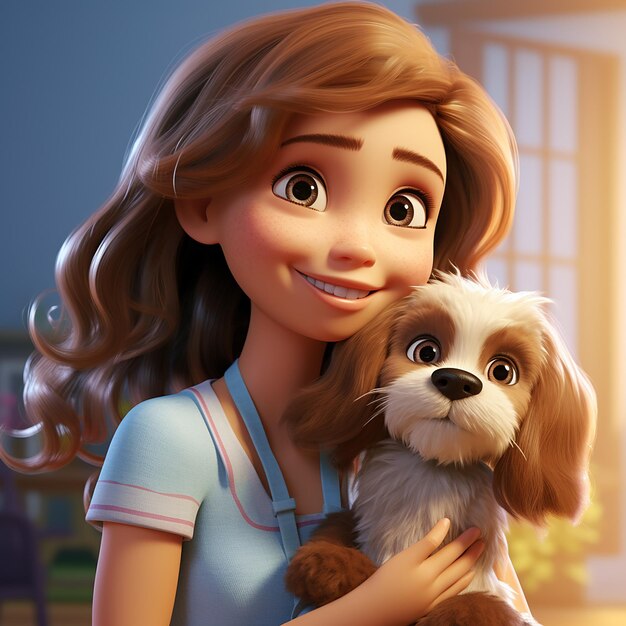 Foto renderizada em 3d, uma rapariga super bonita e feliz com o seu cachorrinho.