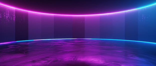 Renderizado en 3D Abstracto Con fondo de neón azul violeta Sala vacía oscura con suelo brillante Pista de hielo vacía