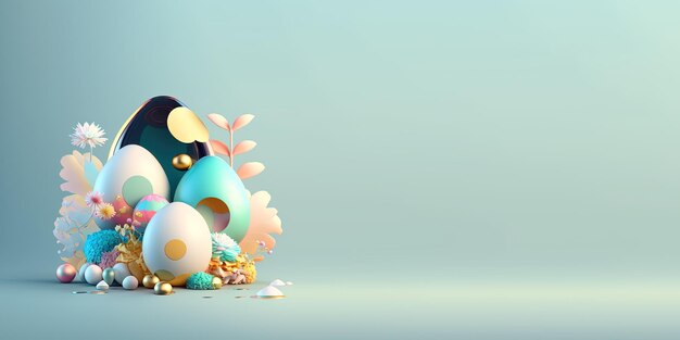 Renderizado 3D abstracto de huevos de Pascua y flores con un tema de fantasía para fondo y pancarta