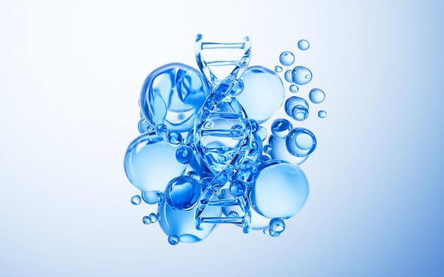 Renderizado 3D de ADN transparente y burbujas de agua