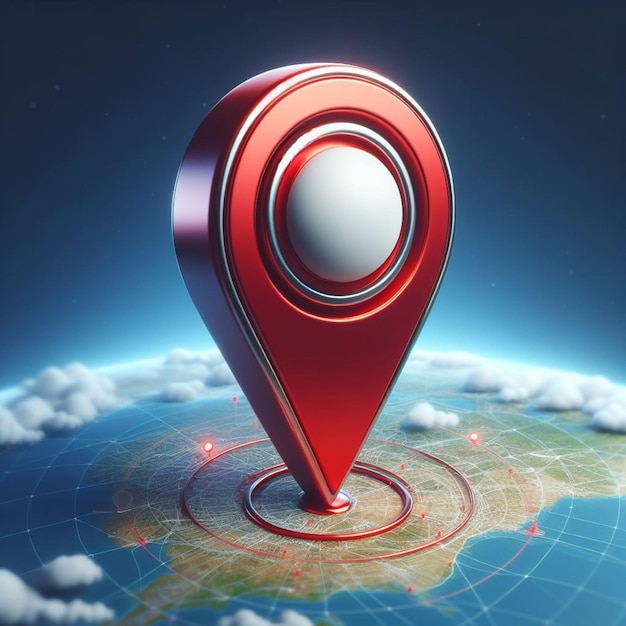 Renderizado en 3D de un alfiler de mapa rojo brillante en una tierra digitalizada que simboliza servicios de seguimiento y localización de navegación gps de alta tecnología dentro de una red de conexiones