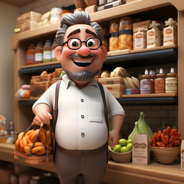 Foto renderizado en 3d de un anciano en una tienda de comestibles