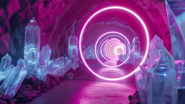 Renderizado 3D angular con fondo de neón neón Sala vacía con paredes cristalizadas y anillo brillante Corredor o túnel futurista