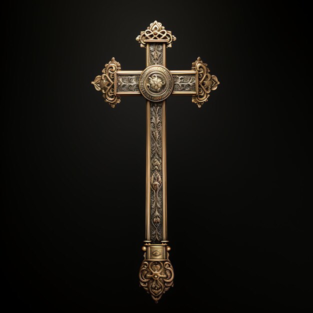 Renderizado en 3D de una antigua cruz de bronce con textura martillada y latí grabado Palmera de Pascua del Viernes Santo