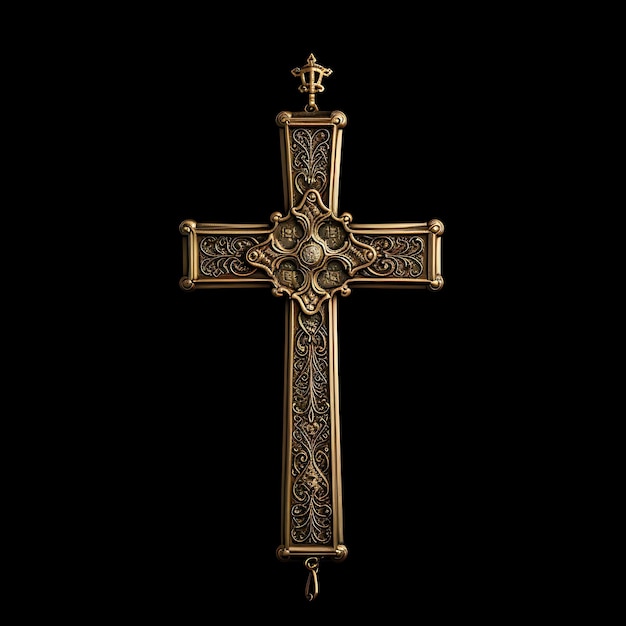 Renderizado en 3D de una antigua cruz de bronce con textura martillada y latí grabado Palmera de Pascua del Viernes Santo