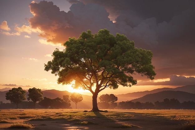 Renderizado en 3D de un árbol contra un cielo al atardecer