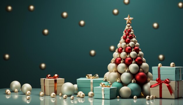 Renderizado en 3D del árbol de Navidad y las cajas de regalos sobre fondo verde