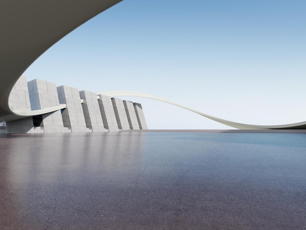 Renderizado en 3D de arquitectura futurista abstracta con piso de hormigón