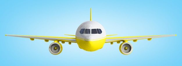 renderizado 3D de avión blanco y amarillo sobre fondo azul