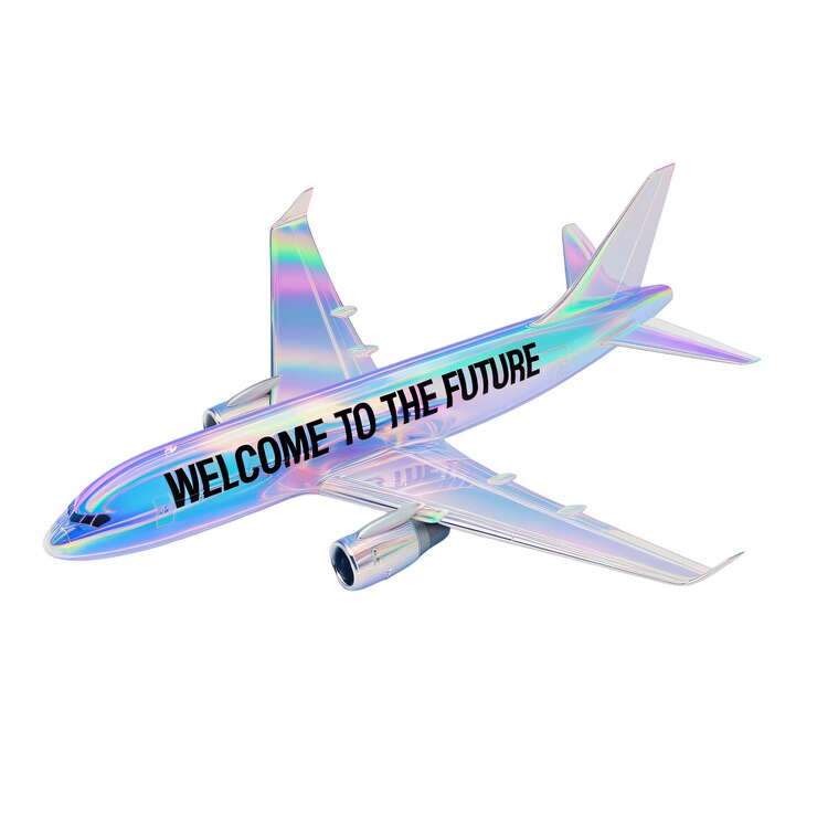 Renderizado en 3D de un avión holográfico iridescente con las palabras Bienvenido al futuro