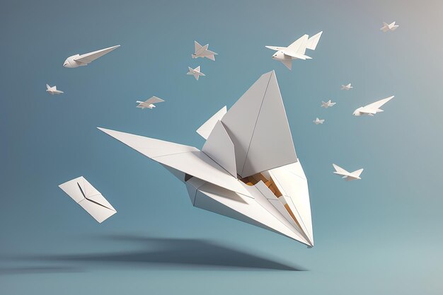 Renderizado en 3D de un avión de papel con un sobre volador