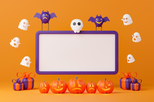 renderizado en 3d Banner vacío del día de Halloween con linterna Jack O, murciélago, fantasma, cráneo y caja de regalo.