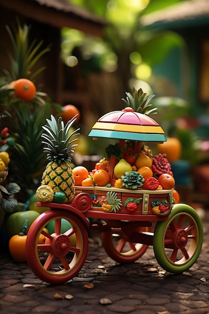 Foto renderizado en 3d de la bicicleta de carrito rojak de juguete con decoraciones de frutas y verduras colorfu miniature cute kawaii