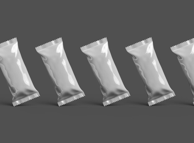 Renderizado en 3D para una bolsa de envasado de helado sellada genérica brillante con bordes encorvados sobre un fondo oscuro