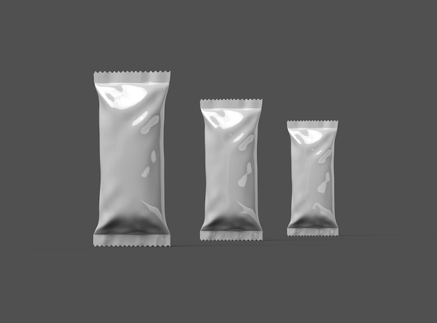 Renderizado en 3D para una bolsa de envasado de helado sellada genérica brillante con bordes encorvados sobre un fondo oscuro