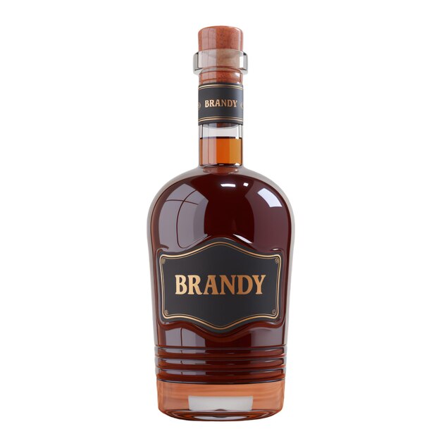 Renderizado en 3D de una botella de brandy al estilo de dibujos animados La botella está aislada sobre un fondo blanco