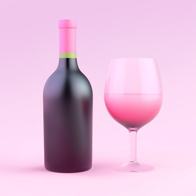 Renderizado en 3D de una botella de vino con un vaso