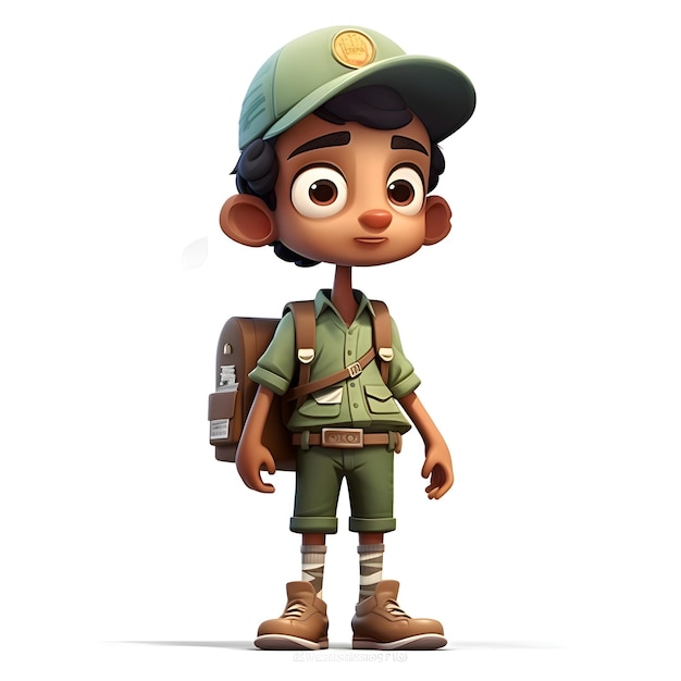 Renderizado en 3D de un boy scout con mochila y gorra sobre fondo blanco