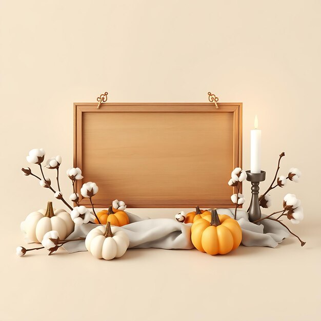 Renderizado en 3D de cabaña Tabla de letreros de madera en blanco Mini calabazas tallos de algodón lino velas LED con mini
