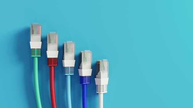 Foto renderizado 3d de cable lan de internet con fondo azul