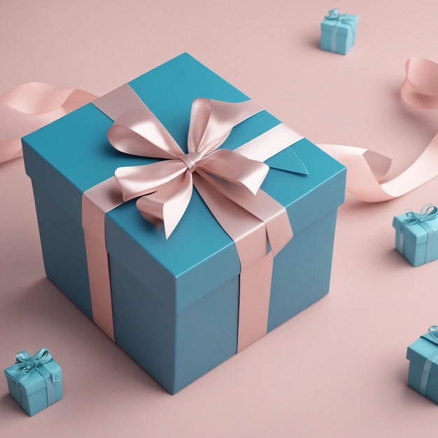 Renderizado en 3D de una caja de regalo azul abierta con cintas aisladas en fondo pastel