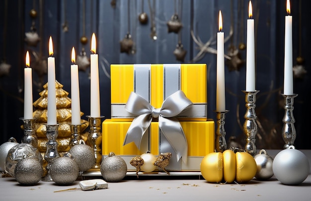 Renderizado en 3D de cajas de regalo doradas con velas y candelabros