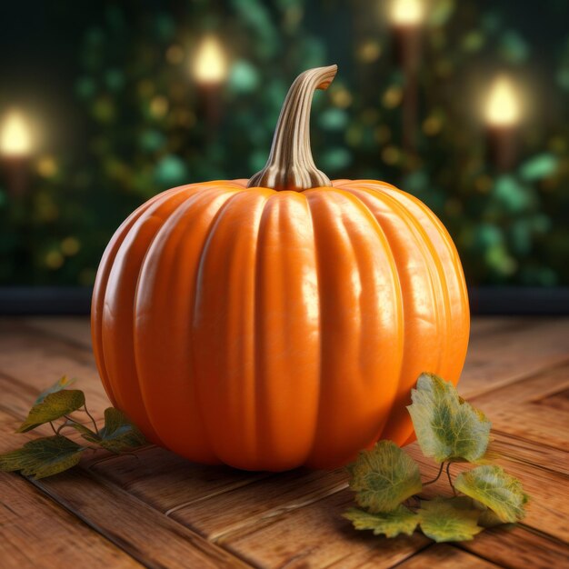 Renderizado en 3D de calabaza con hojas e iluminación de fondo