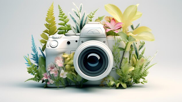 Renderizado en 3D de una cámara vintage con flores en un fondo pastel