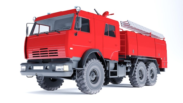 Renderizado en 3D de un camión de bomberos rojo aislado sobre un fondo blanco