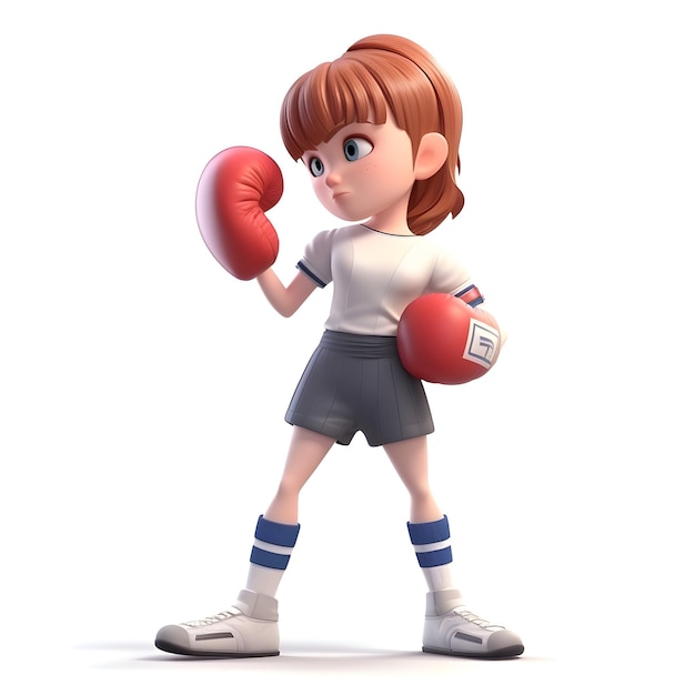 Renderizado en 3D de una chica de dibujos animados con guantes de boxeo en fondo blanco