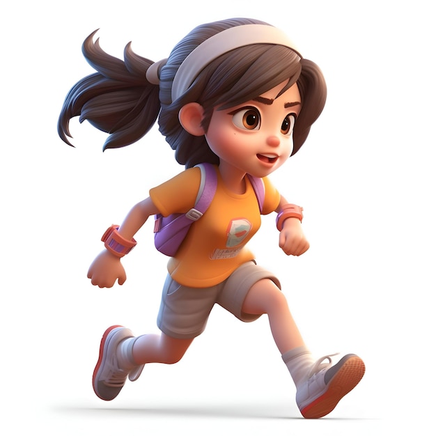 Foto renderizado en 3d de una chica linda corriendo con una mochila en la espalda