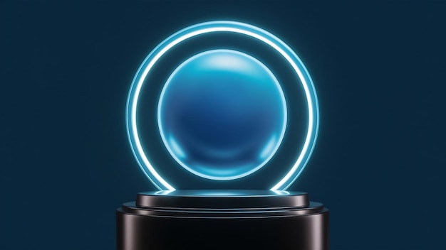 Renderizado en 3D de círculo azul neón con pedestal negro sobre fondo azul
