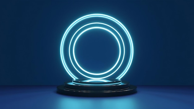 Renderizado en 3D de círculo azul neón con pedestal negro sobre fondo azul