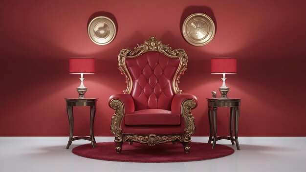 Renderizado en 3D del clásico trono de sillón barroco en colores bronce y rojo aislados sobre fondo blanco