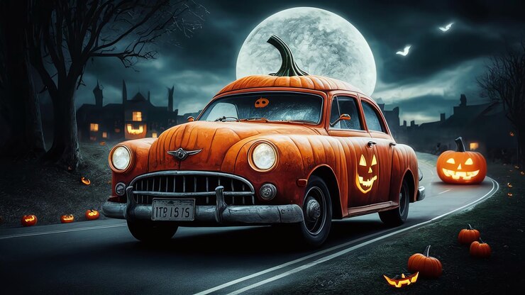 Renderizado en 3D del coche de calabaza de Halloween en un viaje de carretera aterrador