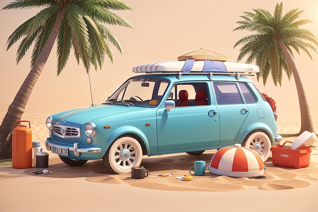 Renderizado en 3D del coche está viajando con accesorios de playa concepto de verano