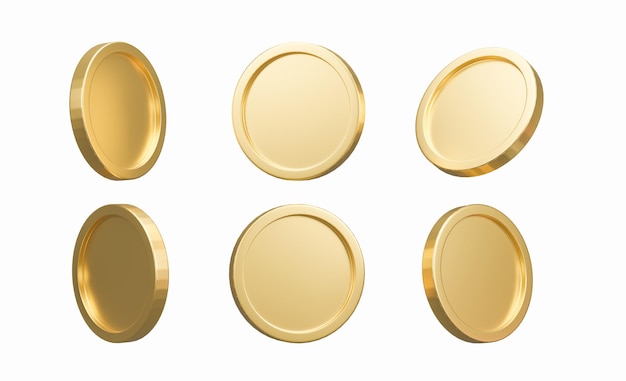 Renderizado 3D Conjunto de monedas de oro aisladas en el fondo en diferentes posiciones Ilustración bancaria o financiera