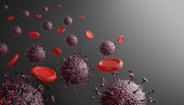 Foto renderizado en 3d del coronavirus y los glóbulos rojos