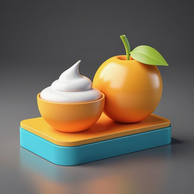 Renderizado en 3D de crema blanca con manzana Renderizado en 3D de crema blanca con manzana Renderizado en 3D