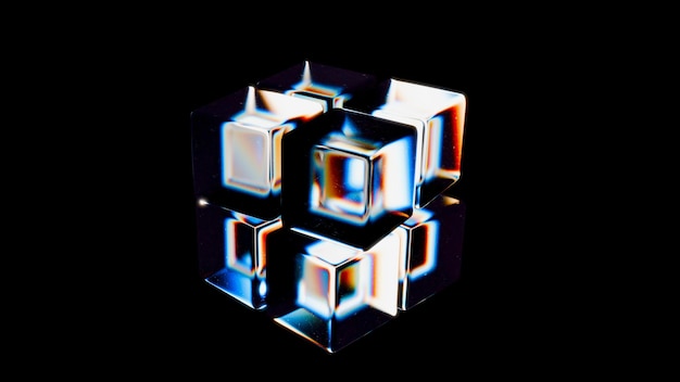 Renderizado en 3D de un cubo de Rubiks de vidrio Geometría abstracta de vidrio en 3D