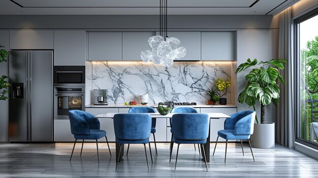 Foto renderizado 3d de diseño interior de cocina moderna blanca en estilo escandinavo