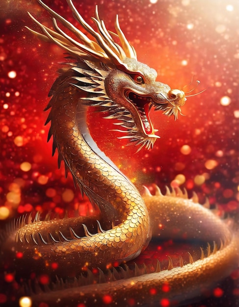 Renderizado en 3D de un dragón sobre un fondo de brillo rojo