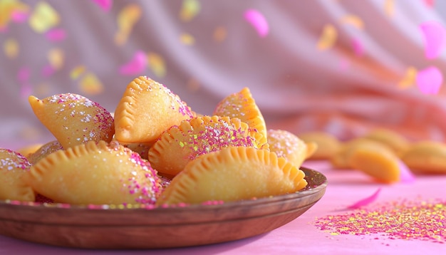 un renderizado 3D de dulces mínimos de Holi como el gujiya o el ladoos