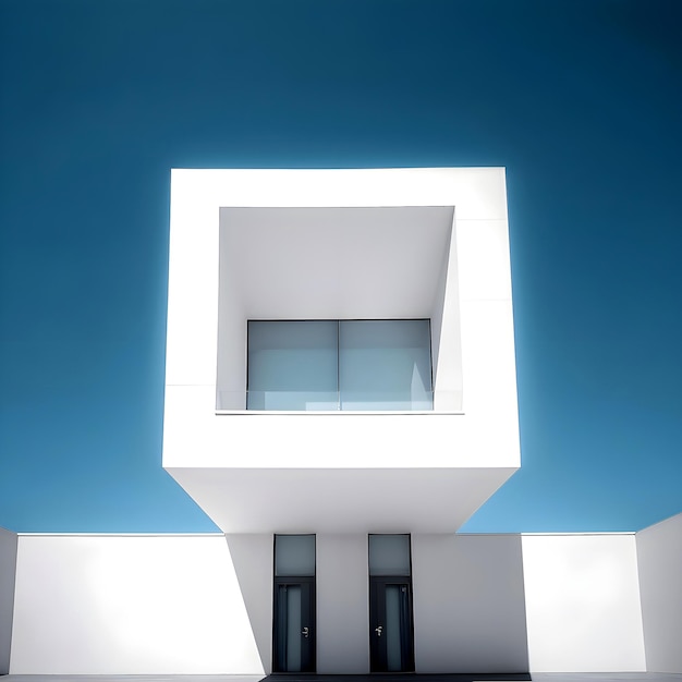 Renderizado en 3D de un edificio de arquitectura moderna mínima con cielo azul