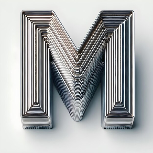 Renderizado 3D elegante de la letra M en acabado metálico