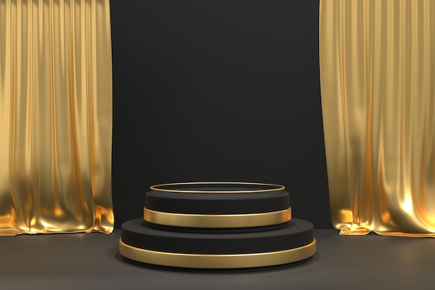 Renderizado en 3D de escalones de pedestal de podio dorado con cortina Fondo de podio de oro moderno Escena de exhibición de pedestal vacío de lujo Renderización en 3D